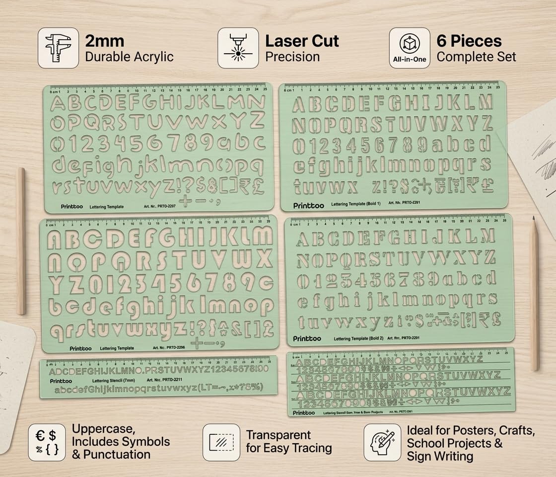 Printtoo Set di 6 stencil per scrittura con lettere dell'alfabeto, numeri, simboli, 6 fogli da 2 mm, in acrilico, con caratteri maiuscoli e minuscoli, righelli per cartelli, poster, diari, scuole