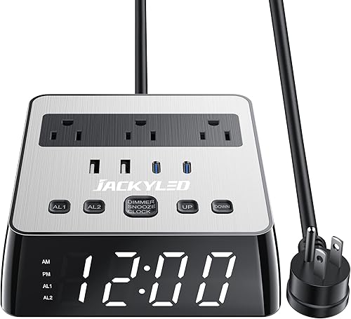 Miniatura 8 de JACKYLED Reloj despertador con cargador USB, tira de alimentación total de 4.8 A, puertos USB LED, pantalla completa, protector de sobretensiones,