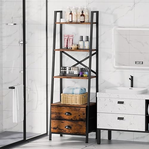 Miniatura 7 de Furologee Estantería de escalera de 4 niveles, estantería pequeña con 2 cajones, organizador vertical de almacenamiento, estanterías rústicas para