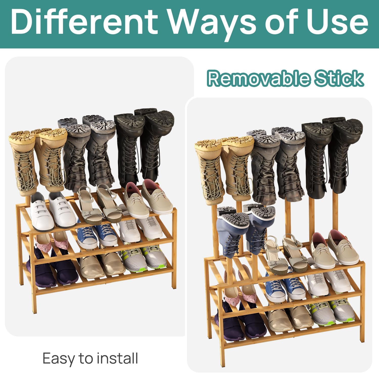 viewcare Boot Rack with Shoe Rack, Boot Rack Organizer Tall Boots for Closet, Bamboo Wood Shoe Shelf Storage Organizer for Entryway Small Space