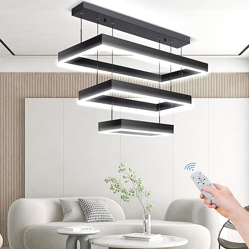 Behsig Lámpara de araña moderna, moderna lámpara de araña LED, 2 anillos cuadrados para sala de estar, altura ajustable, lámpara de techo alto,