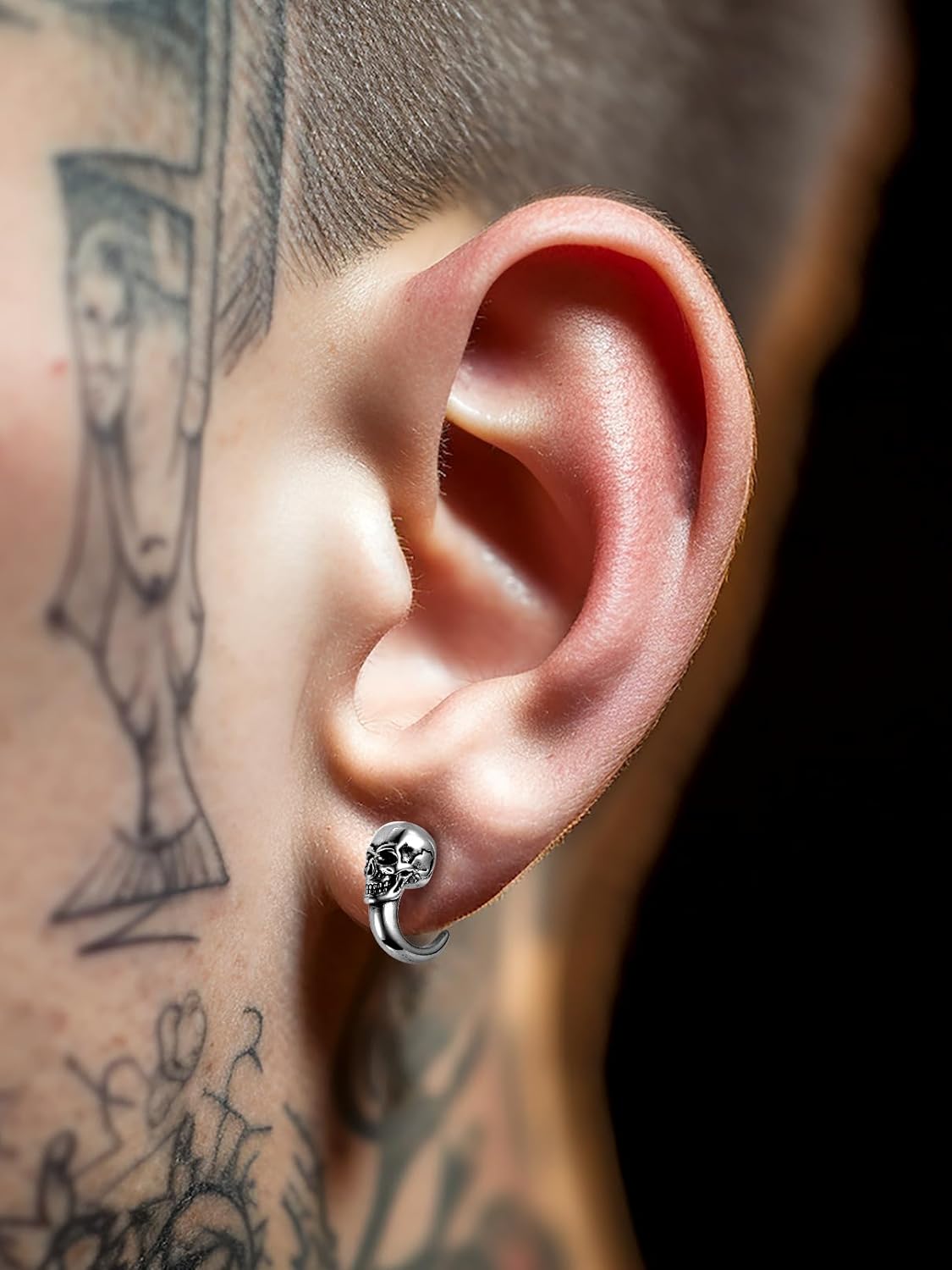 FaithHeart Skull Hoop Earrings for Men Silver/Black/Gold Stainless Steel Gothic Huggie Hoops Earring Lightweight Hypoallergenic Punk Cool Rapper Hip-hop Ear Jewelry Gifts - Image 8