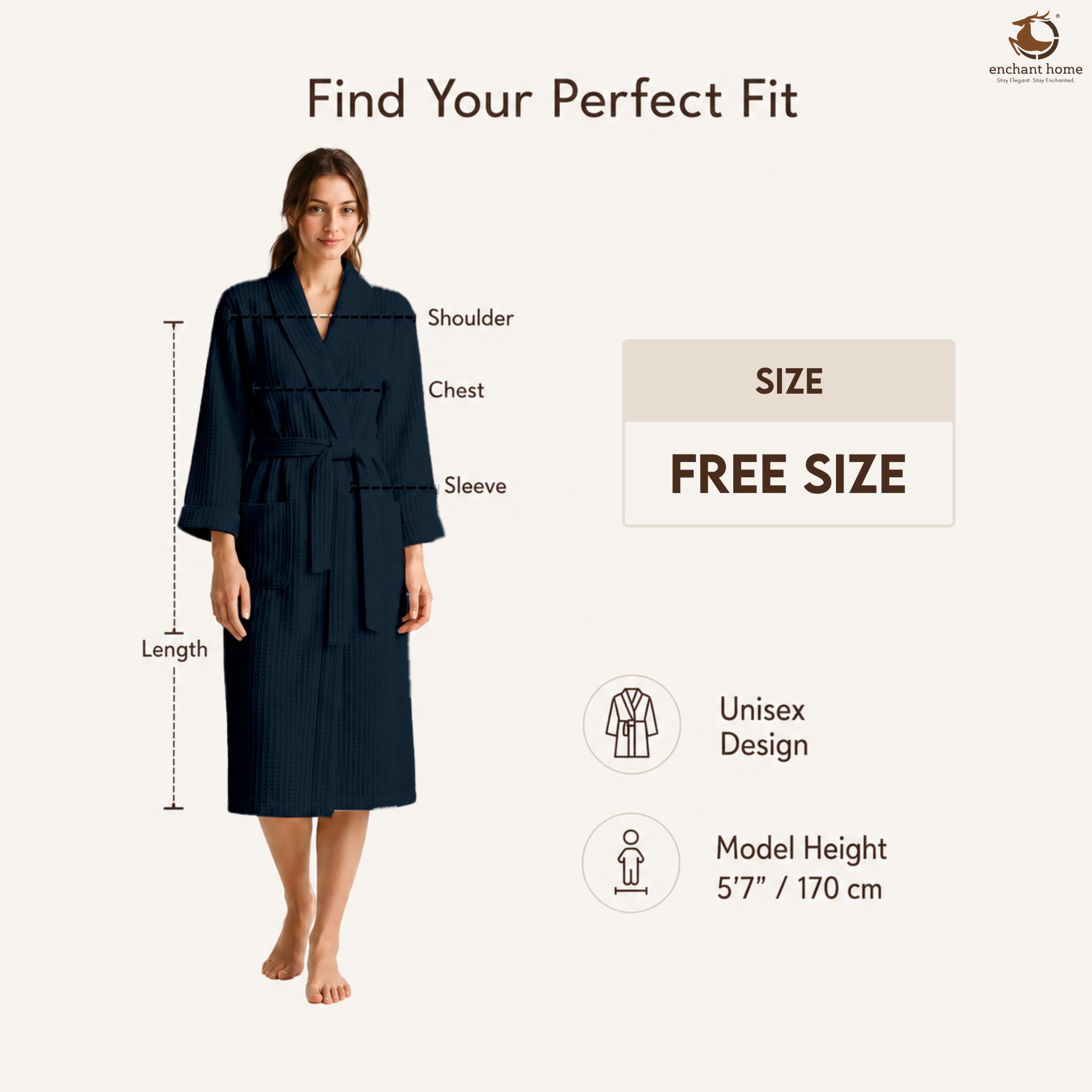 Enchant Home Navy Blue Cotton Waffle Bathrobe for Women and Men, Lightweight Soft Unisex Knee Length Cotton Robe, Premium Comfortable Dressing Gown for Home Loungewear Use and Relaxation Bathrobe 4