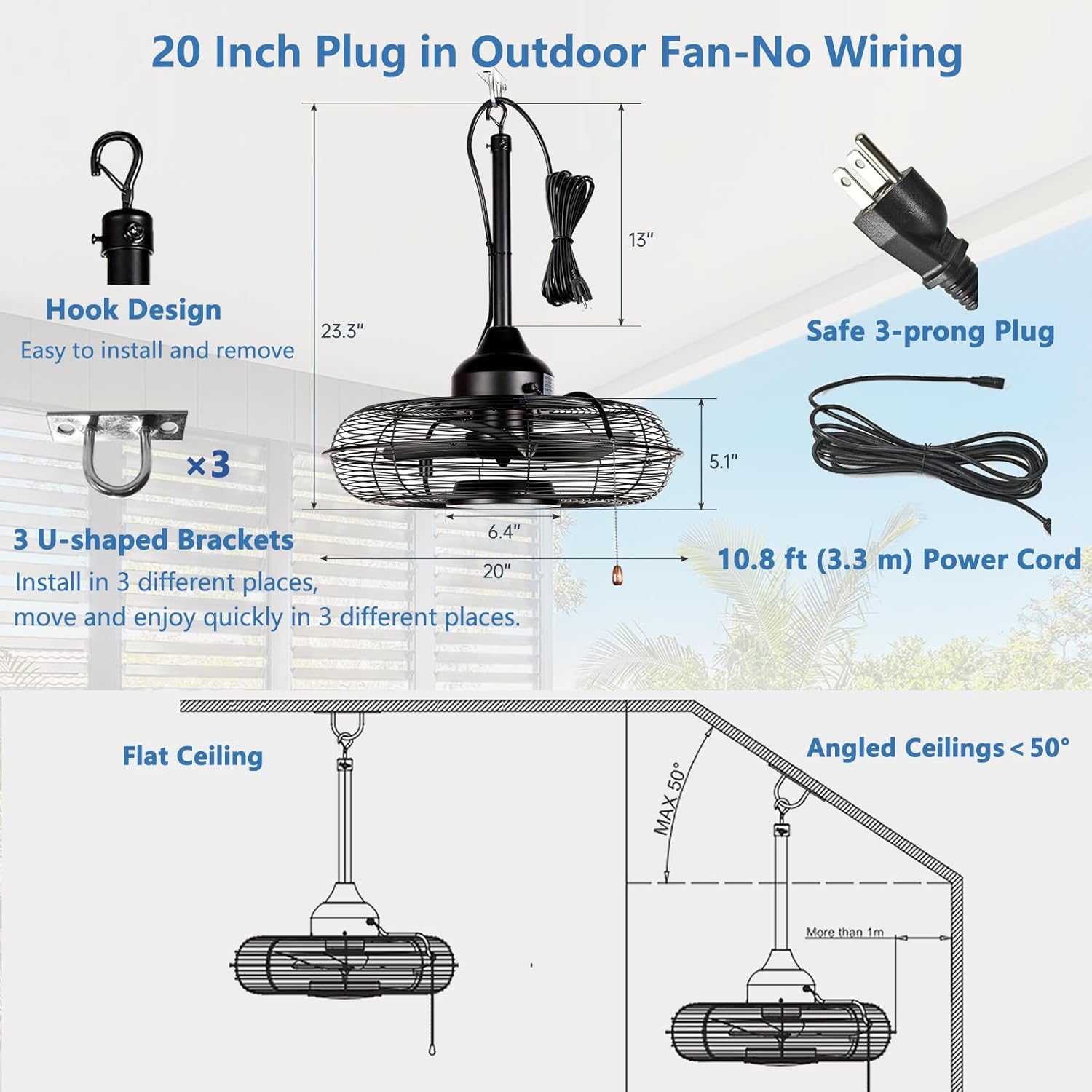Outdoor Black Ceiling Fans with Light for Patio, 20 Inch Plug in Ceiling Fan Pull Chain&Remote Control, IP65 Waterproof Gazebo Fan, 3CCT, Caged Ceiling Fan with 3 Hooks for Porch Pergola