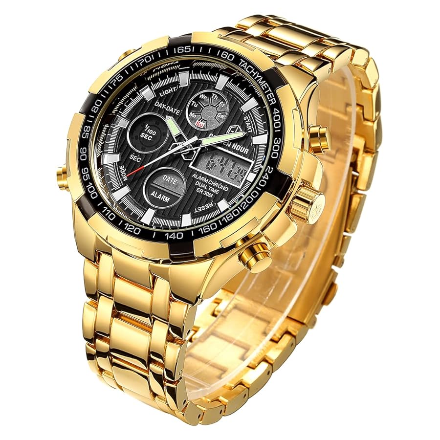 Orologi da uomo eleganti in acciaio inox impermeabili, analogici e  digitali, con cronografo, data, allarme : Amazon.it: Moda