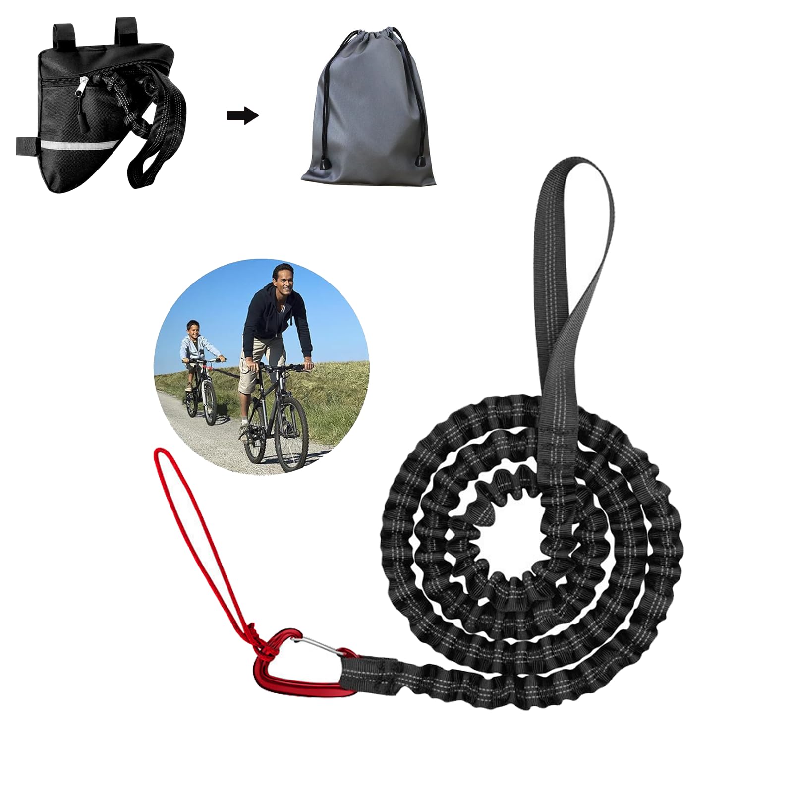 Bicycle Tow Rope, 3 Meters Elastic Bicycle Tow Strap, Elastic Recovery Tow Strap, with Triangle Bag, Suitable for Children's Bicycles, Mountain, E-Bikes, Load Capacity 500 lbs/225 kg