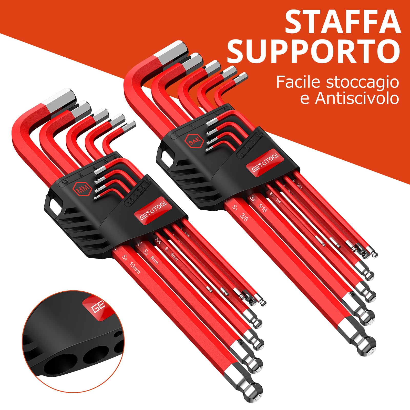 GETLITOOL Set 18PZ Chiave a Brugola Magnetica con Testa Sfera Metrica/Pollici in Acciaio S2 18X Chiavi Esagonali a T Extra Lunga Diametro 1.5-10mm 1/16''-3/8''inch + Maniglia di Coppia - Rosso