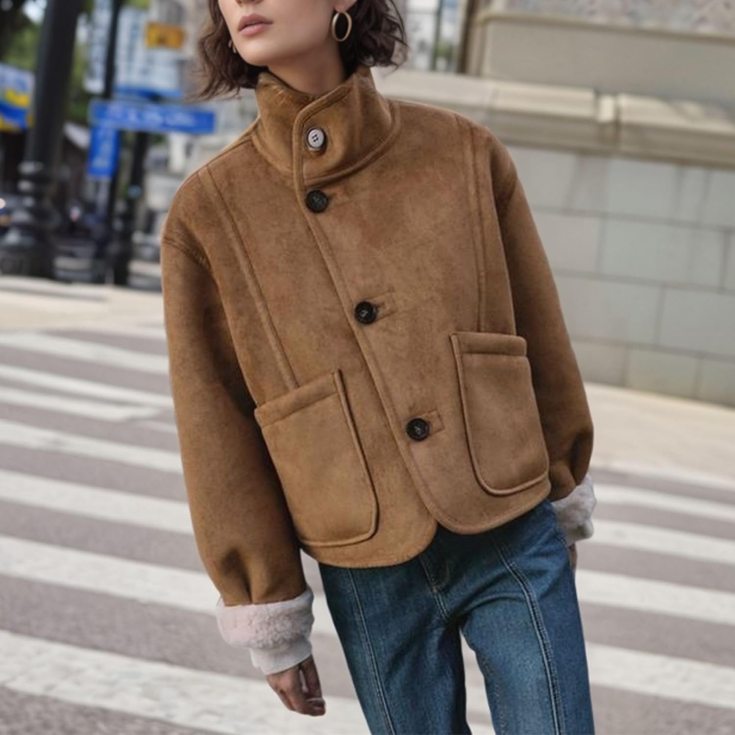 Chevara Women’s Reversible Double-Faced Jacket Stand Collar Long Sleeve Button Down Faux Suede Jacket Coat - Image 5