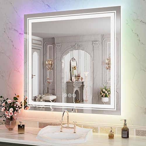 WTTY Espejo de baño LED RGB de 32 x 32 pulgadas con retroiluminación y 3 luces frontales, espejo LED regulable continuo para baño, espejo de tocador