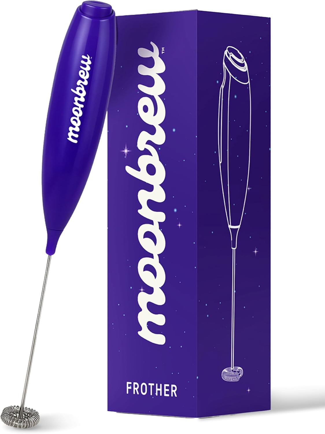 MoonBrew Powerful Handheld Milk Frother for Coffee & Matcha Drinks - Fast Handheld Drink Mixer with Stainless Steel Whisk - Battery Operated Stirrer Wand Foam Maker for Lattes & Hot Chocolate