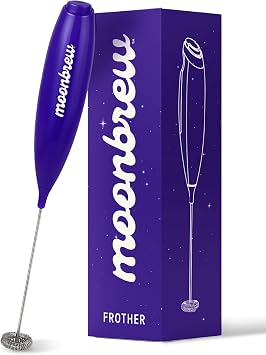 MoonBrew Powerful Handheld Milk Frother for Coffee & Matcha Drinks - Fast Handheld Drink Mixer with Stainless Steel Whisk - Battery Operated Stirrer Wand Foam Maker for Lattes & Hot Chocolate