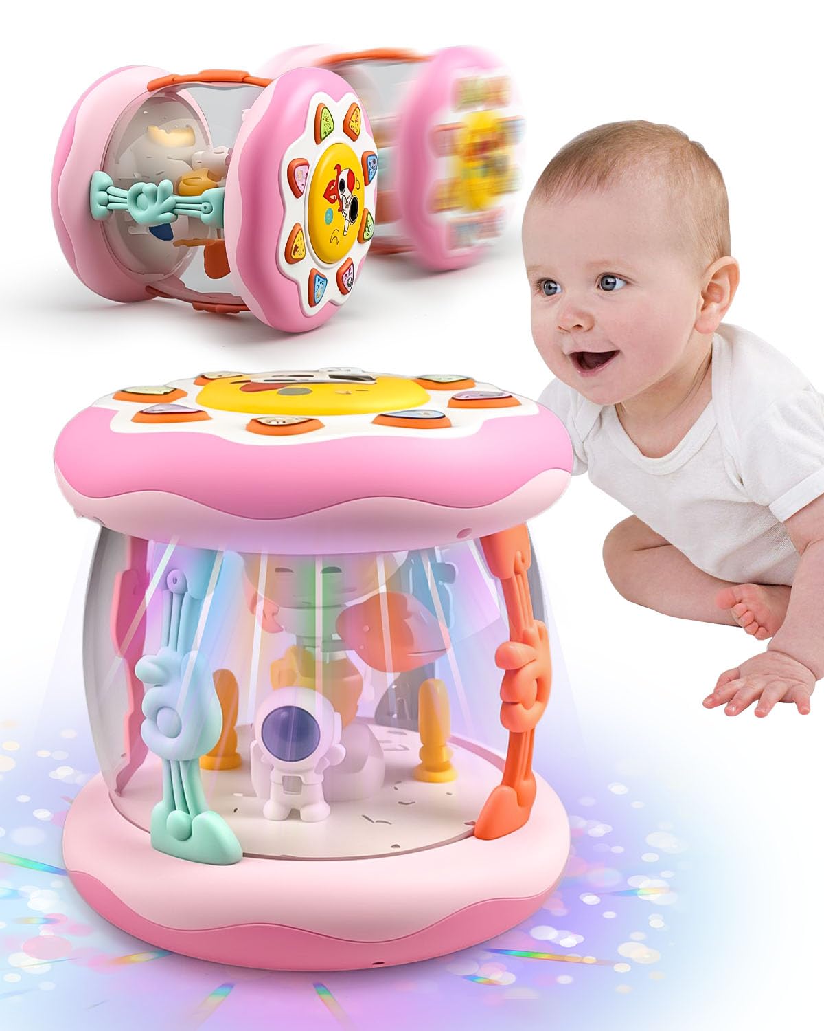 Maraiss Pink Astronaut Crawling Toy for Babies with Rotating Light Projector & Music Sounds