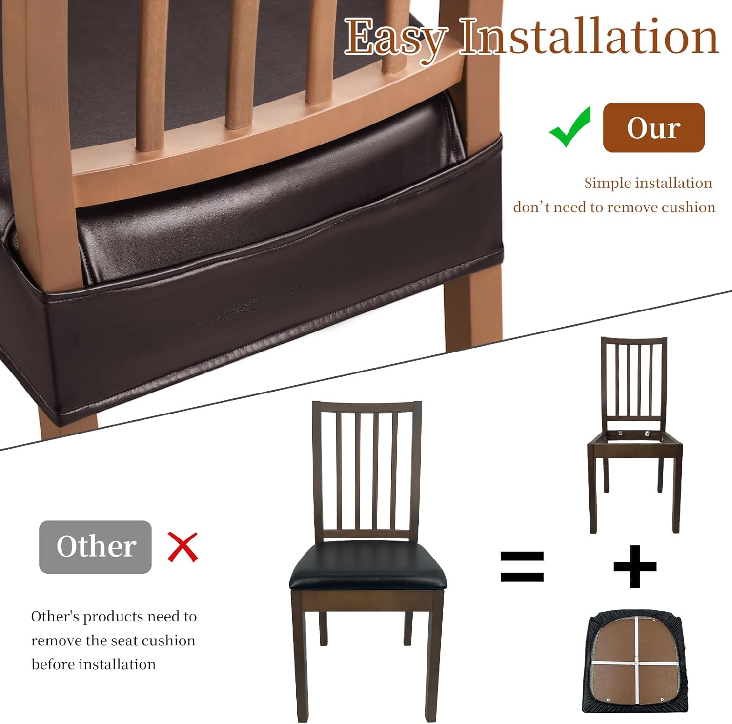 Waterproof Dining Chair Seat Covers Leather Kitchen Seat Covers, Stain Resistant Stretch Chair Seat Covers for Dining Room Chairs Set of 6, Rear Covered Washable Dining Chair Cover Dark Coffee