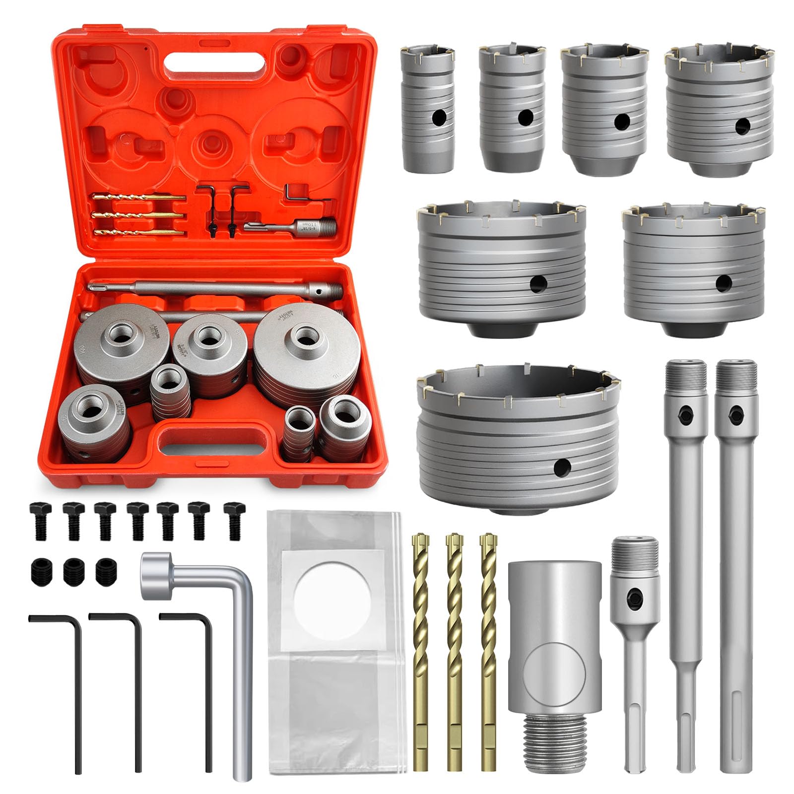METOTY 7PCS Concrete hole saw drill bit,with SDS Plus adapter drill bit socket，for masonry, brick, concrete, cement, stone