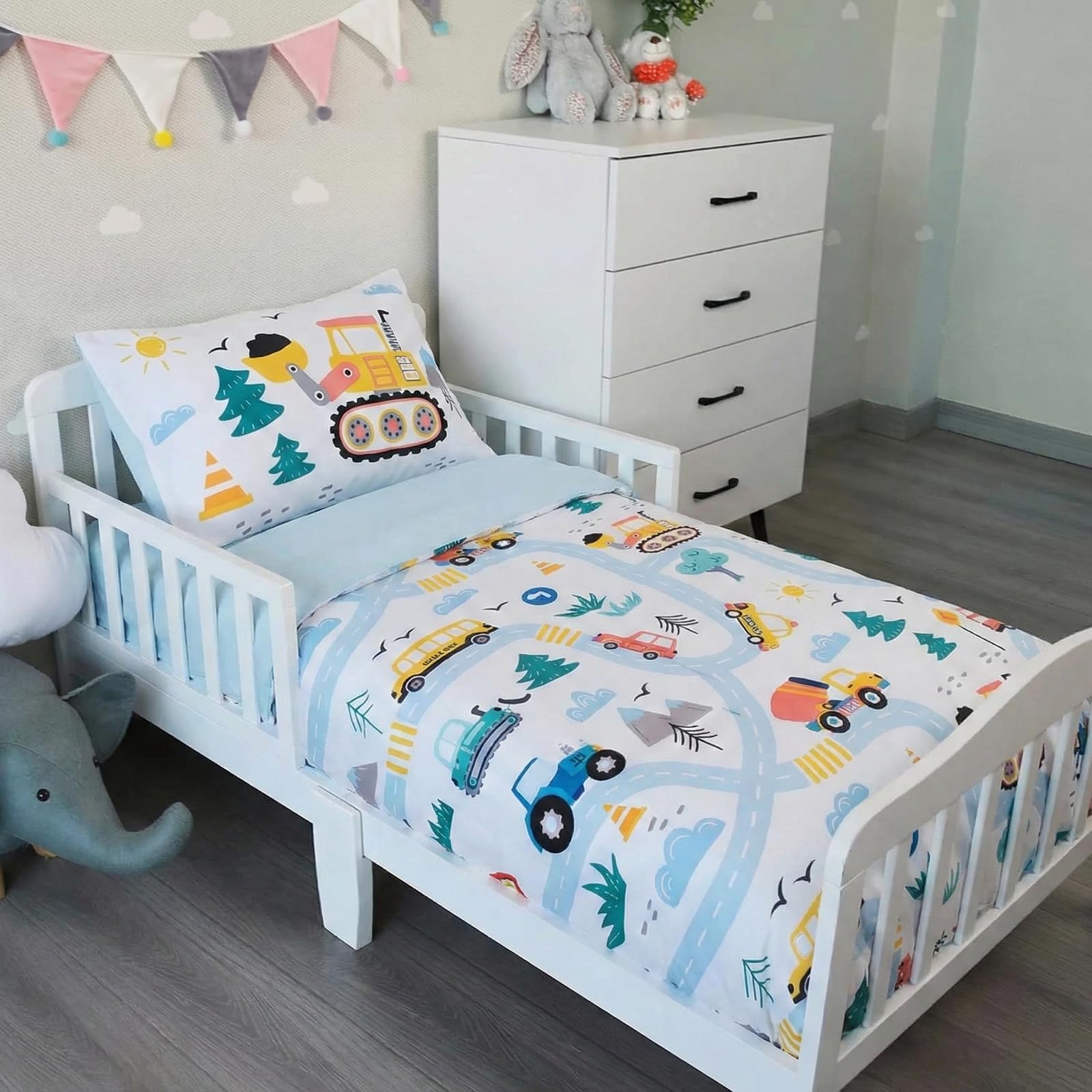NTBED Set di biancheria da letto per bambini, 4 pezzi, con stampa di veicoli con camion, escavatori, include piumone, lenzuolo piatto, lenzuolo con angoli e federa, azzurro