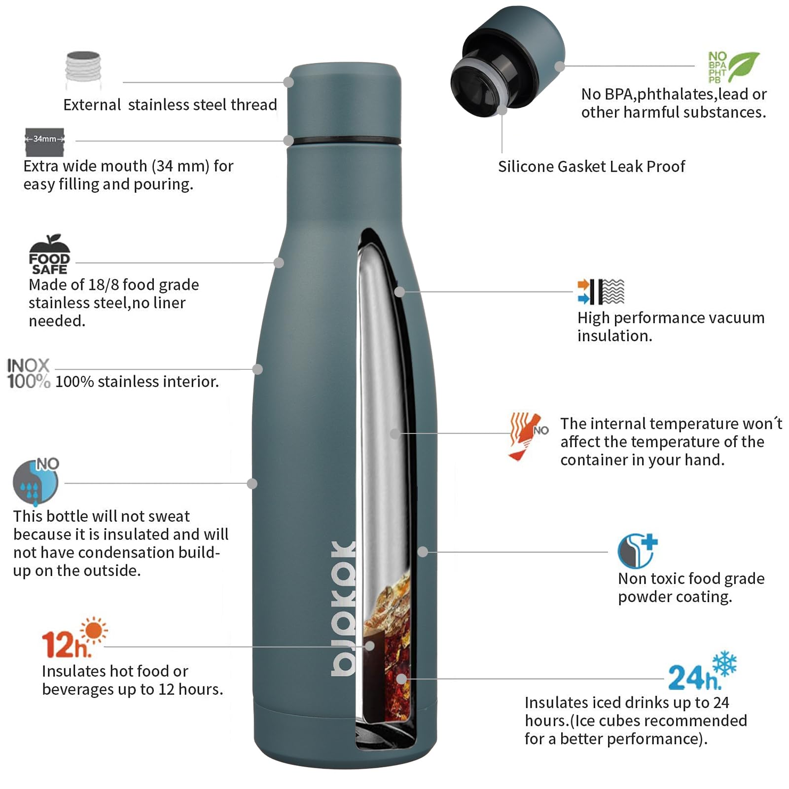 BJPKPK Botellas de agua aisladas de acero inoxidable de 17 onzas, botellas de agua deportivas que mantienen el frío y el calor para viajes, aptas para lavavajillas, color gris oscuro