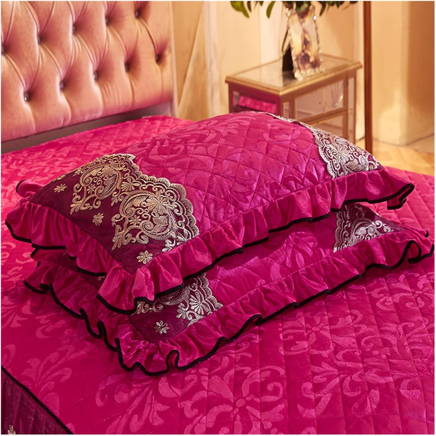 HBJWOV Velvet Quilted Lace Pillow Cases for Bed Solid Embossed Warm Rectangle Home Decorative Sham Cover(Black)