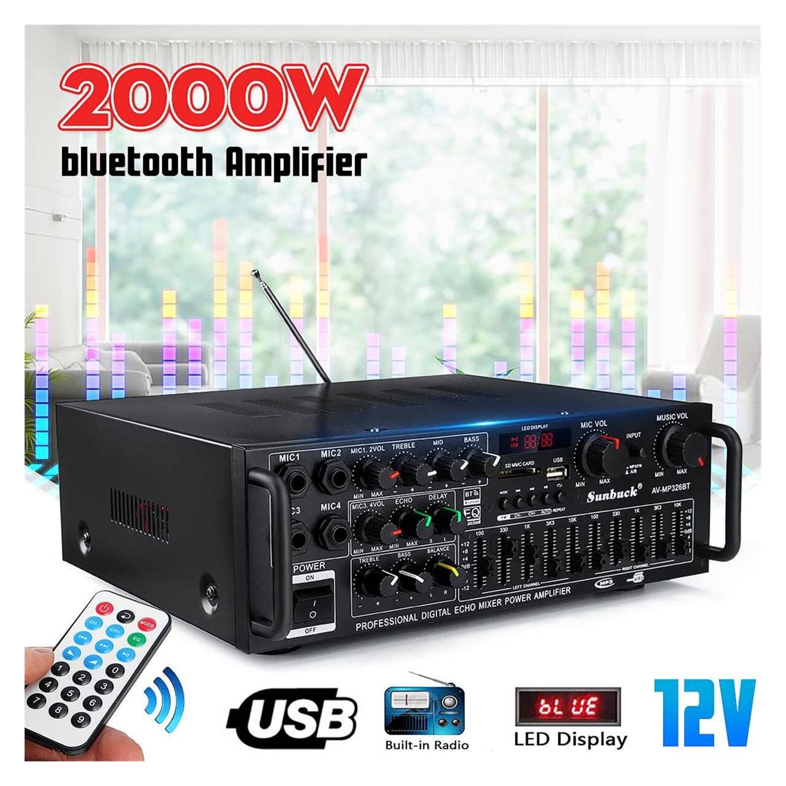Amplificador de Potencia, Amplificador HiFi de 2 Canales, Amplificador Subwoofer reproducción Alta resolución, Potencia, USB SD con Mando a Distancia