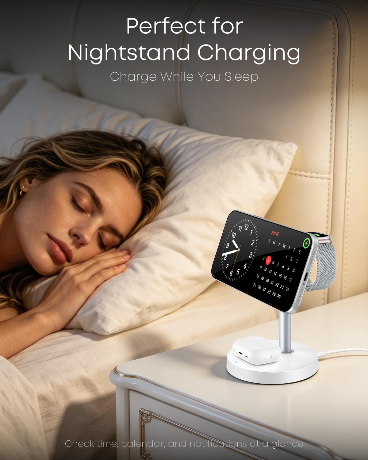 Station de Charge sans Fil 3 en 1 pour Apple Series, Chargeur magnétique Rapide 15 W, Support de Nuit pour Chambre, iPhone 12-16, Apple Watch, Airpods, Cadeaux pour Homme et Femme - Blanc (sans