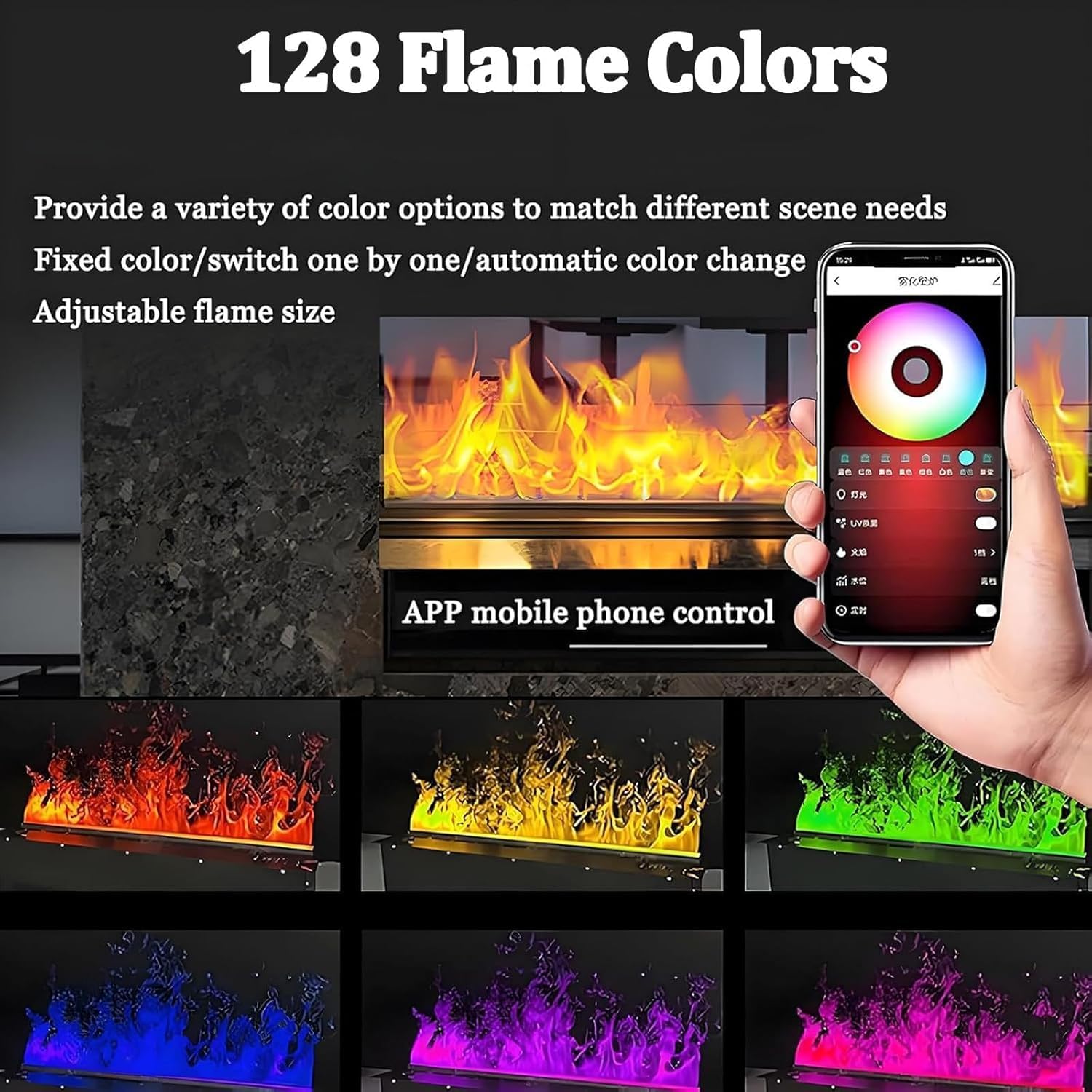 Chimenea De Vapor De Agua 3D con 128 Colores De Llama Ajustables Y 5 Niveles De Brillo, Acero Inoxidable Cepillado, Control TáCtil, para Oficina, Hogar Y Hotel,120cm/47.24inch