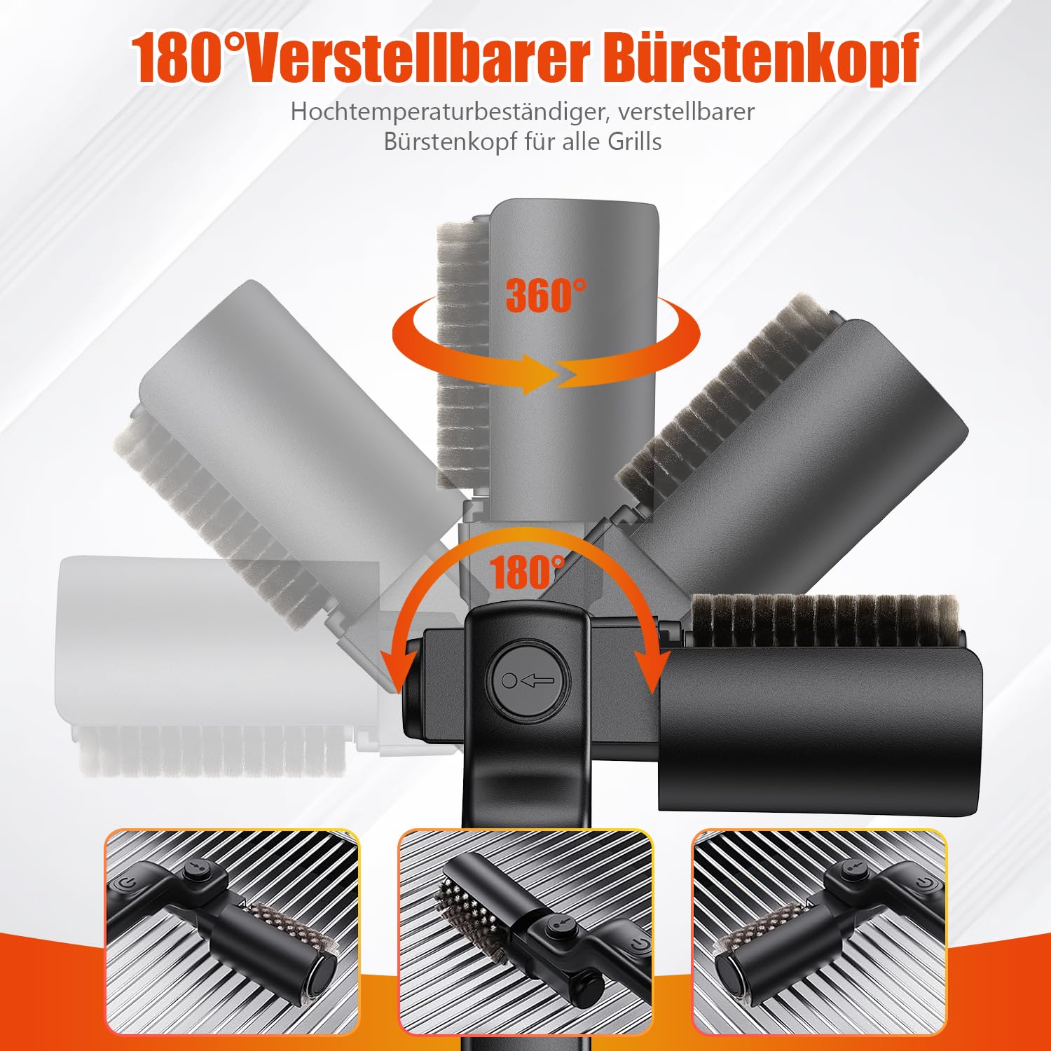 Elektrische Grillbürste：Akku-Betrieben, 180° Verstellbarem Winkel, 3-Stufen Reinigung, Edelstahl-Bürstenkopf, 90 Min Laufzeit, für Gasgrill, Holzkohlegrill, Kugelgrill, Elektrogrill und Grillrost