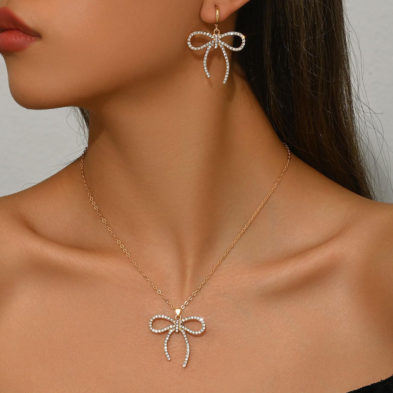 Gold Bow Necklace Earrings Set for Women Sparkly Rhinestone Pendant Necklace Bow Hoop Earrings Trendy Jewelry Set for Women - Image 3