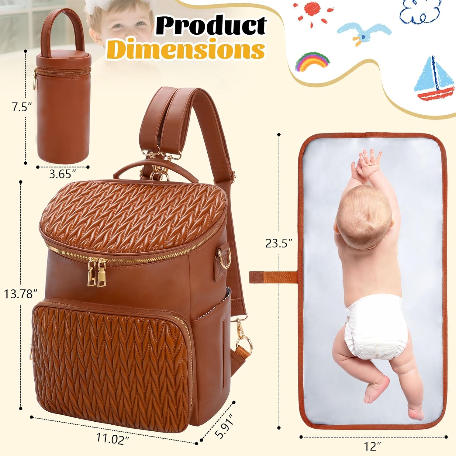 Minsong Diaper Bag Backpack for Women, Cute Stylish Mommy Diaper Backpack, Waterproof Travel PU Leather Baby Backpack Diaper Bag with Changing Pad(Brown) - Image 2