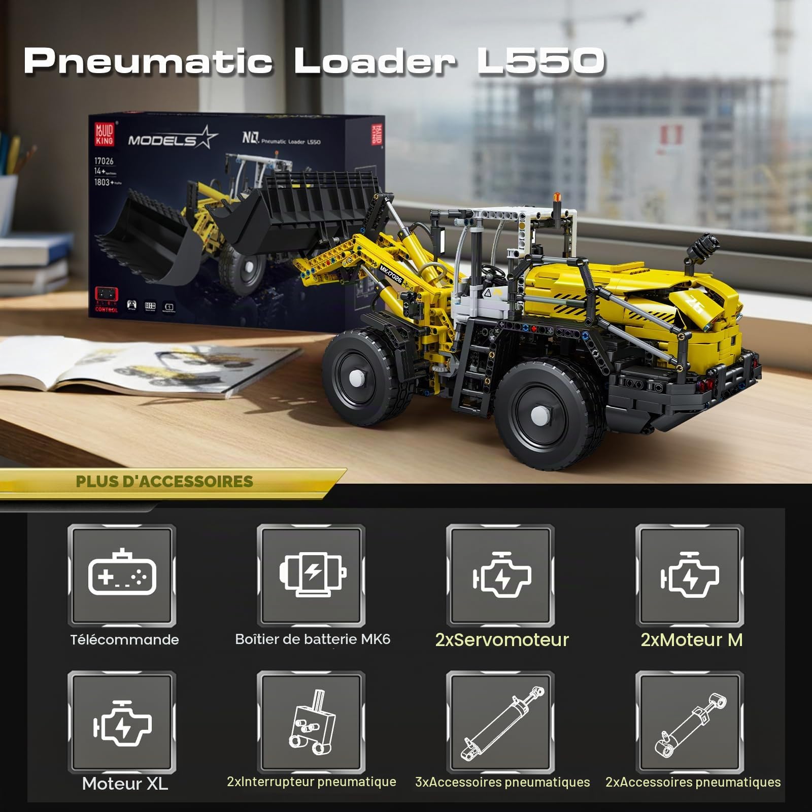 Mould King 17026 Technique RC Bulldozer, 1803 pièces Chargeur sur pneus pneumatique avec télécommande et moteurs, modèle de véhicule de construction Ensemble de construction cadeau pour adultes à
