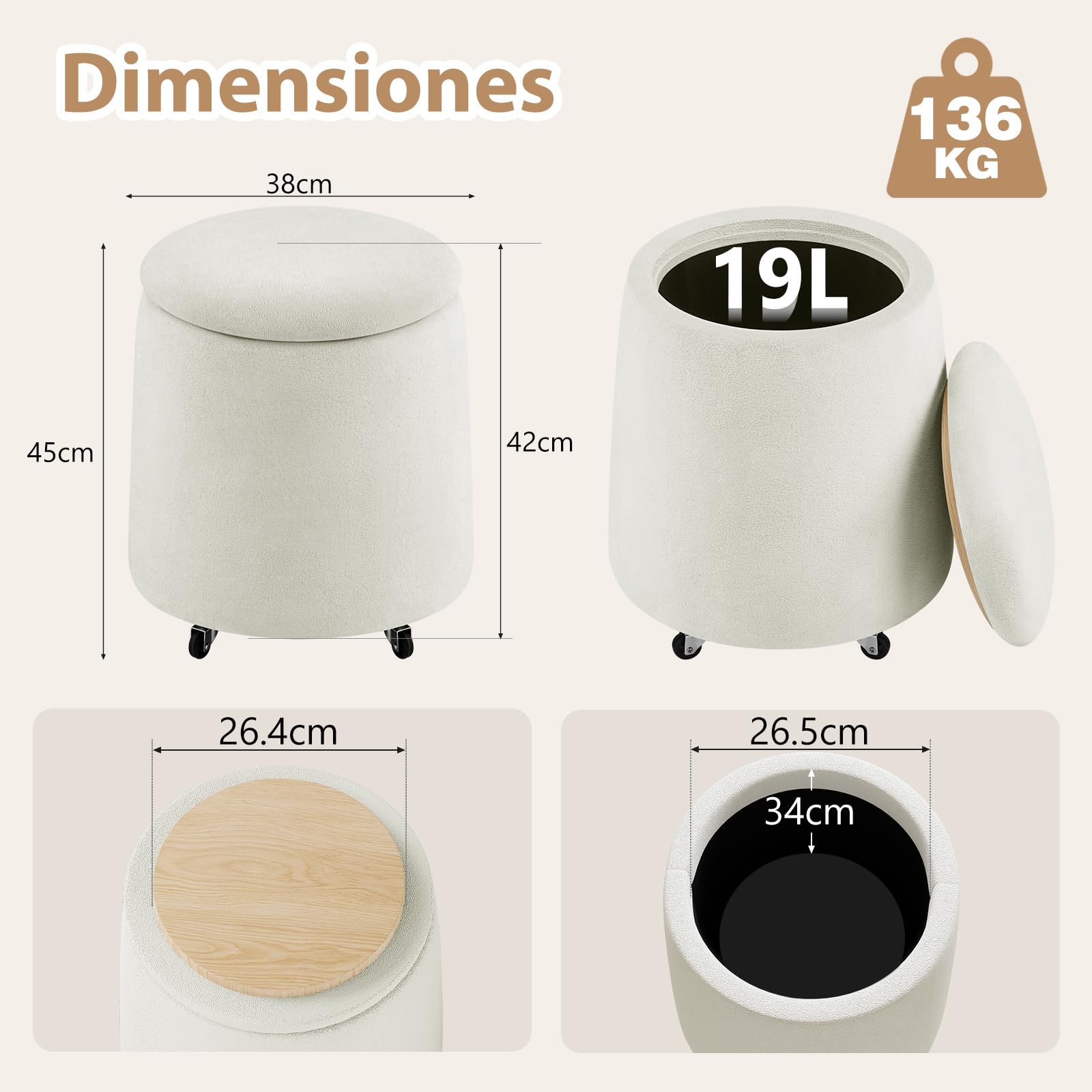 Hellove Puff Almacenaje Bouclé, Redondo Taburete Baúl con Tapa Reversible, Asiento Acolchado, Silla de Maquillaje con Ruedas Ø37 x 45cm para Salón, Dormitorio y Pasillo, Blanco Crema