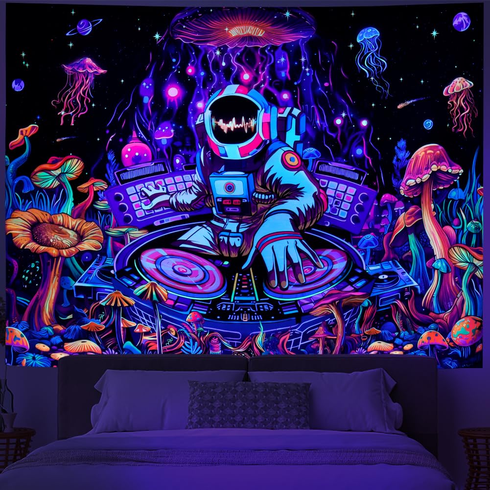 Blacklight Astronaut Tapestry UV Reactive Funny DJ Music Tapestry Trippy Aesthetic Tapestriesy Galaxy Space Tapestries Flower Wall Hanging Decor for Home