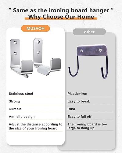 Miniatura 4 de Soporte para tabla de planchar para montaje en pared, acero inoxidable 304, pata en T para tabla de planchar ajustable a distancia, gancho de