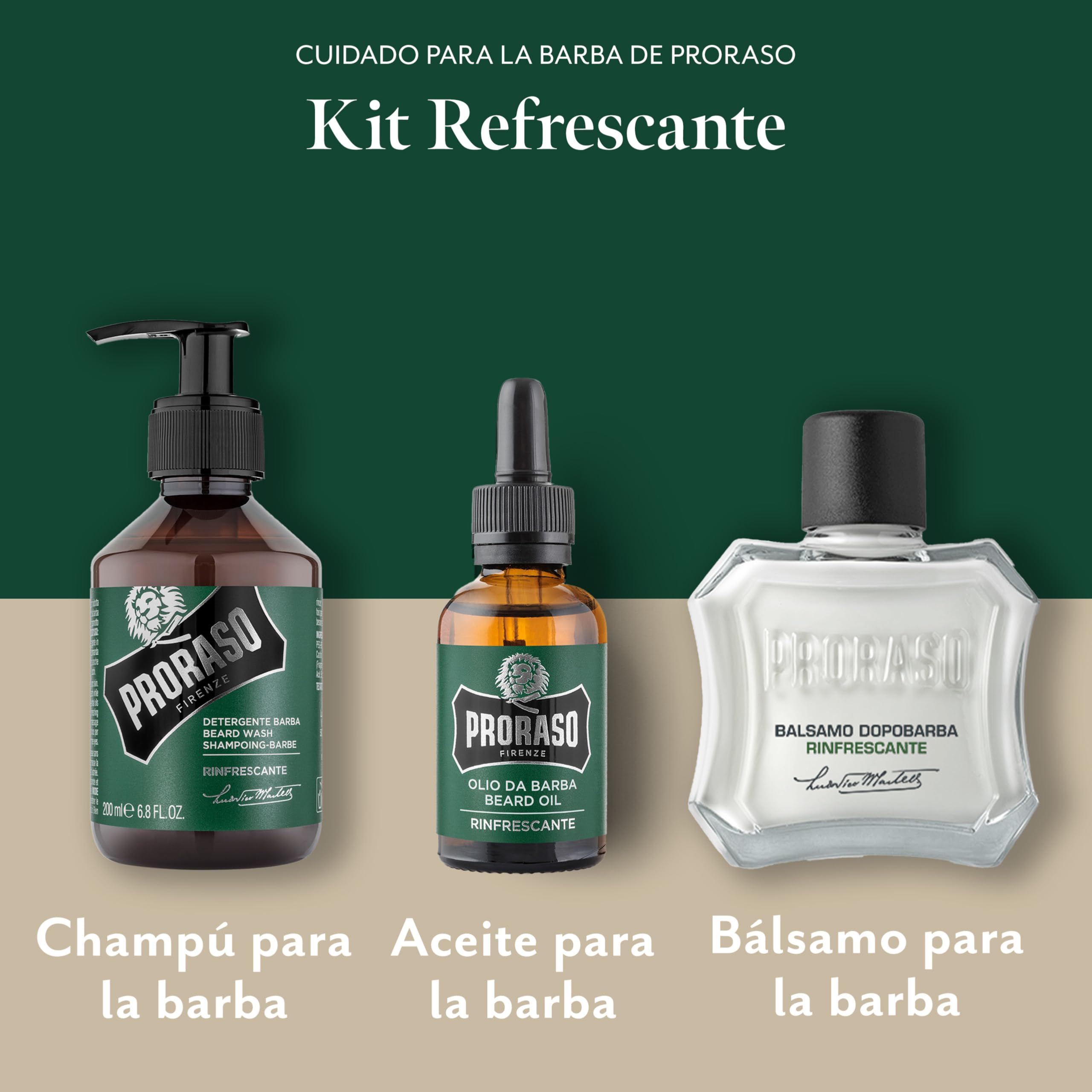 Proraso Kit de cuidado barba hombre Refrescante (Pack trío), lujoso set de regalo para hombre con champú, aceite y bálsamo para la barba, Made in Italy