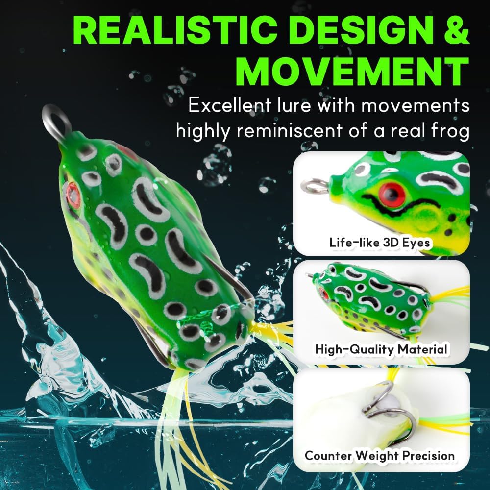 Topwater Frog Lures for Bass Fishing, 5 Pack Soft Hollow Body Weedless Frog Bait, Realistic Swimming Action, High Hookup, Crankbait for Freshwater Fishing, Includes Tackle Box