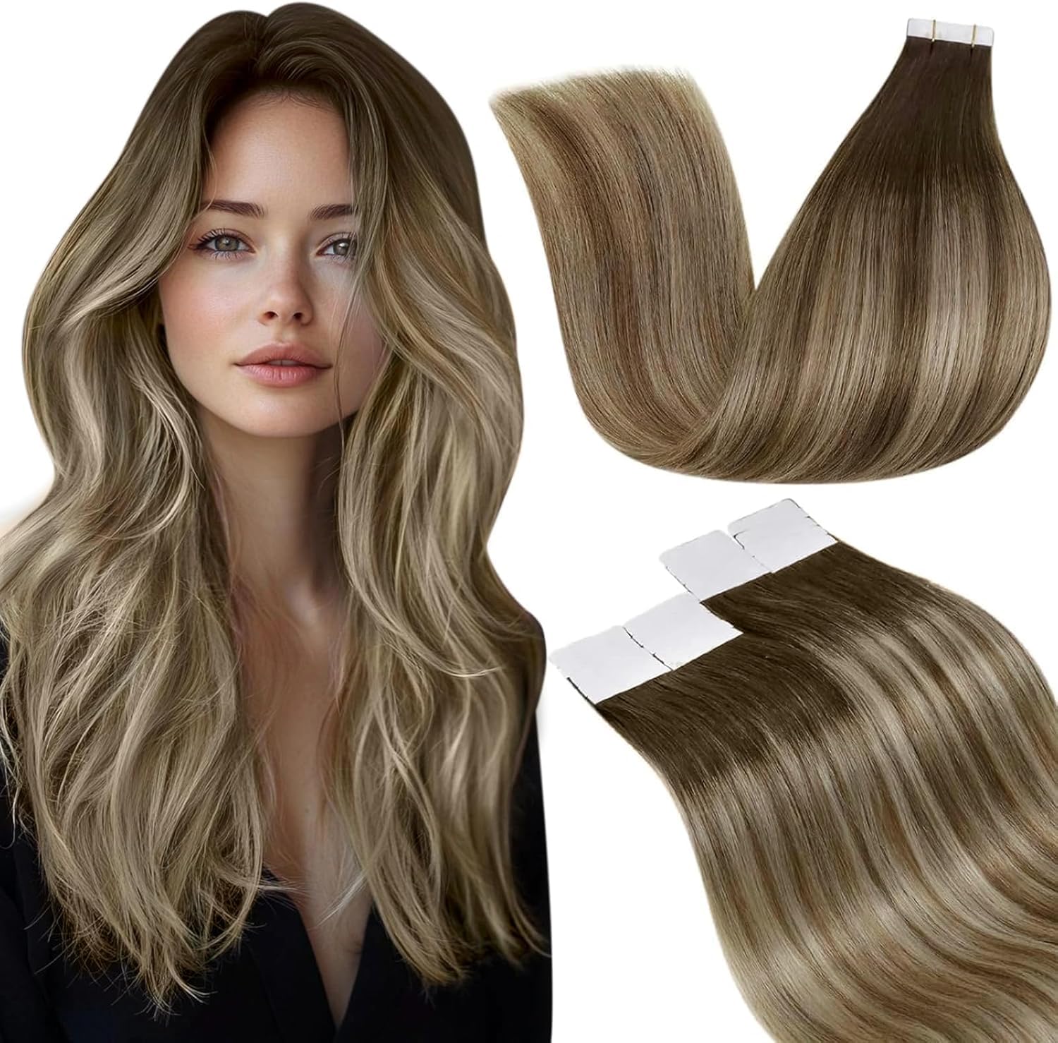 LaaVoo Tape in Hair Extensions Human Hair Blonde Tape Hair Extensions Real Human Hair Invisible Tapes Remy Straight Balayage Brown to Blonde Hair Double Sided Tabs 20pcs 50g 18 Inch #8/18/60 — view 49