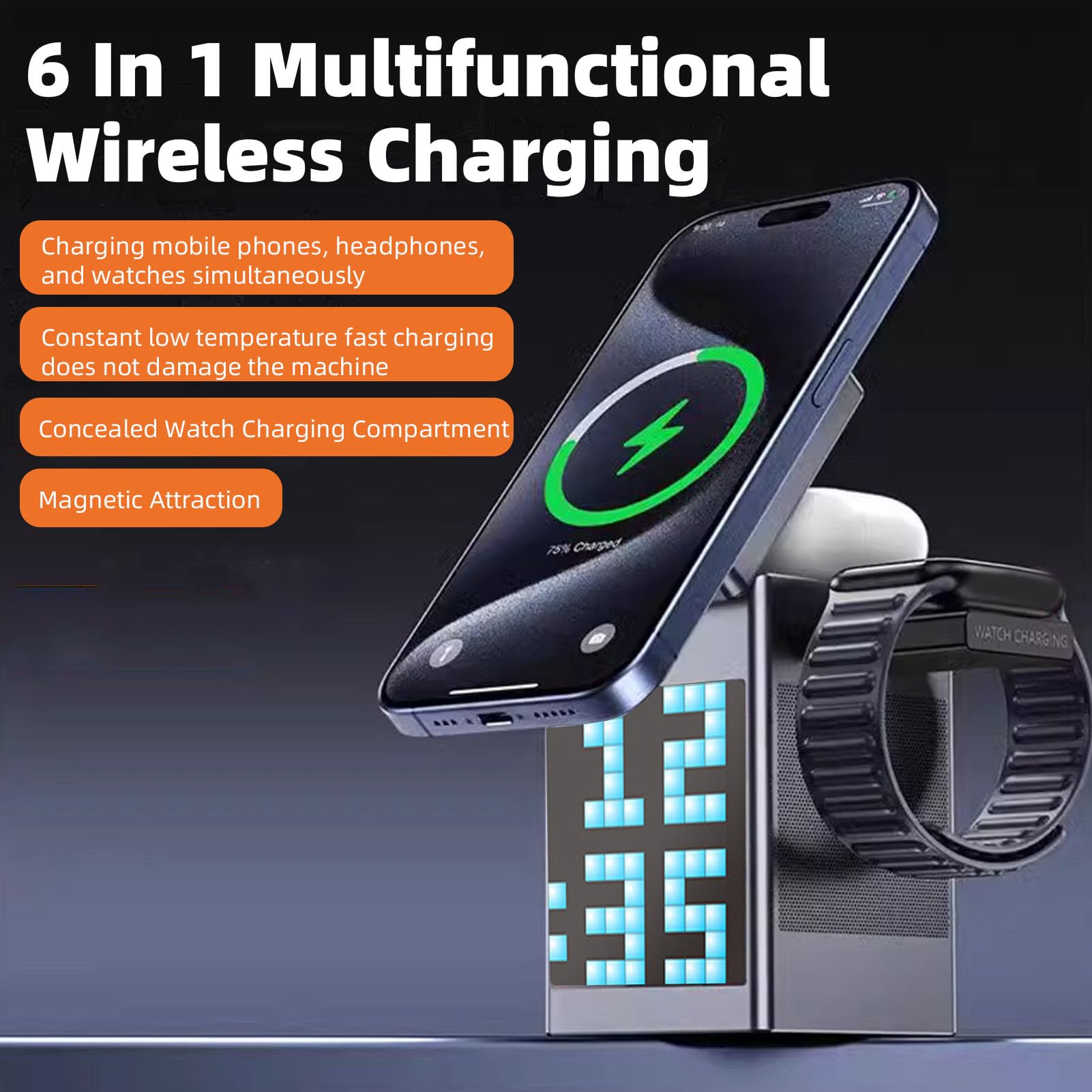 Station de Chargement sans Fil 6 en 1 pour avec Haut-Parleur Bluetooth, Affichage Pixel, Réveil, Chargeur sans Fil pour écouteurs de Montre de Téléphone, Station de Chargement