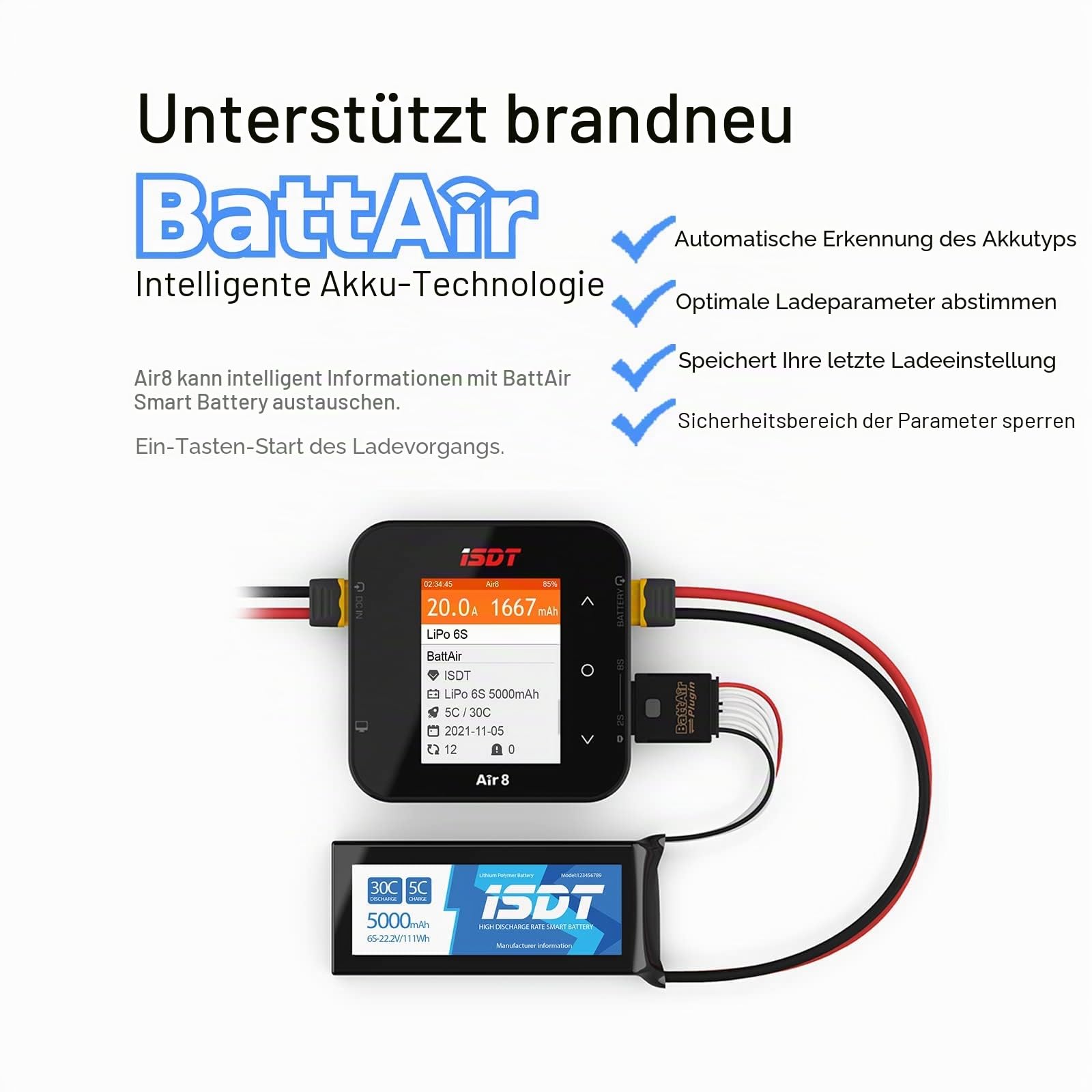 ISDT Air8 Lipo Ladegerät,500W 20A Bluetooth-Fernbedienung Balance Ladegerät Entlader,LCD Display Digital Smart Ladegerät für Life/Lilon/LiPo/LiHv1~8S/ULiHv 1-7S/Pb 1-12S/NiMH/Cd 1-16S Akkus(Air 8)