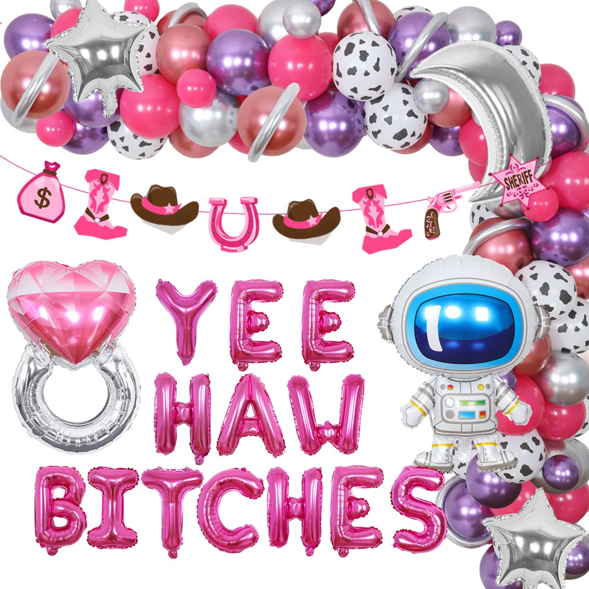 Cheereveal Space Cowgirl Theme Yeehaw Hen Party Decorations, Galaxy Balloon Garland Kit with Cowgirl Garland Astronaut Moon Star Ring Foil Balloons for Western Bridal Shower Party Supplies