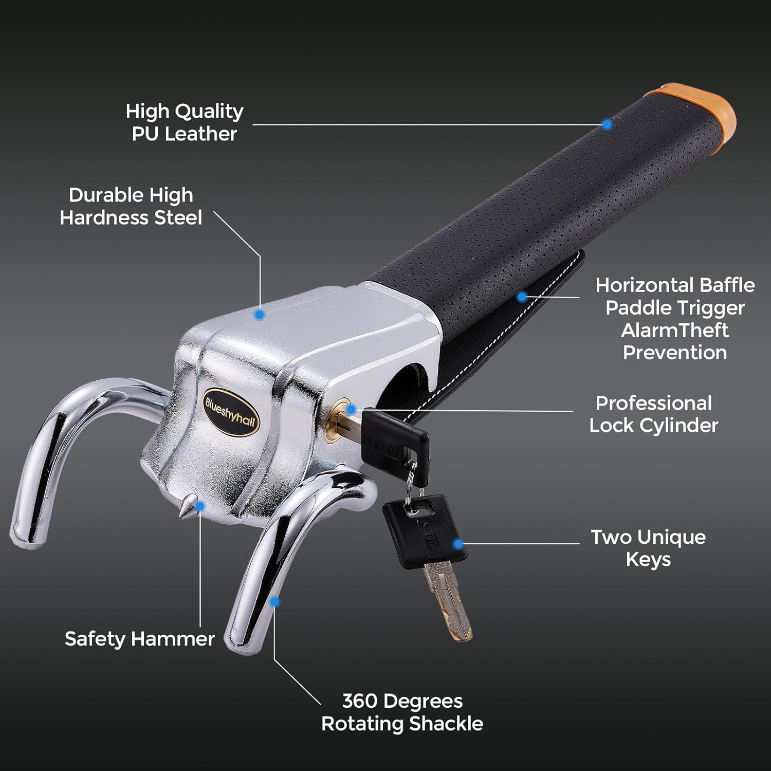 Blueshyhall Vehicle Steering Wheel Lock, Anti Theft Locking Devices Heavy Duty Security Lock with Safety Hammer for Auto Car Truck SUV Van Camper, Black