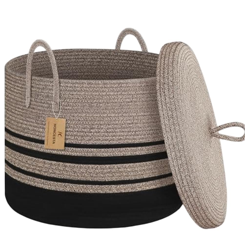 Xdyyjrasa Wicker Storage Basket with Lid, 20" Extra Large Toy Basket with Cover, Foldable Cotton Rope Organizer for Blankets Toys Laundry