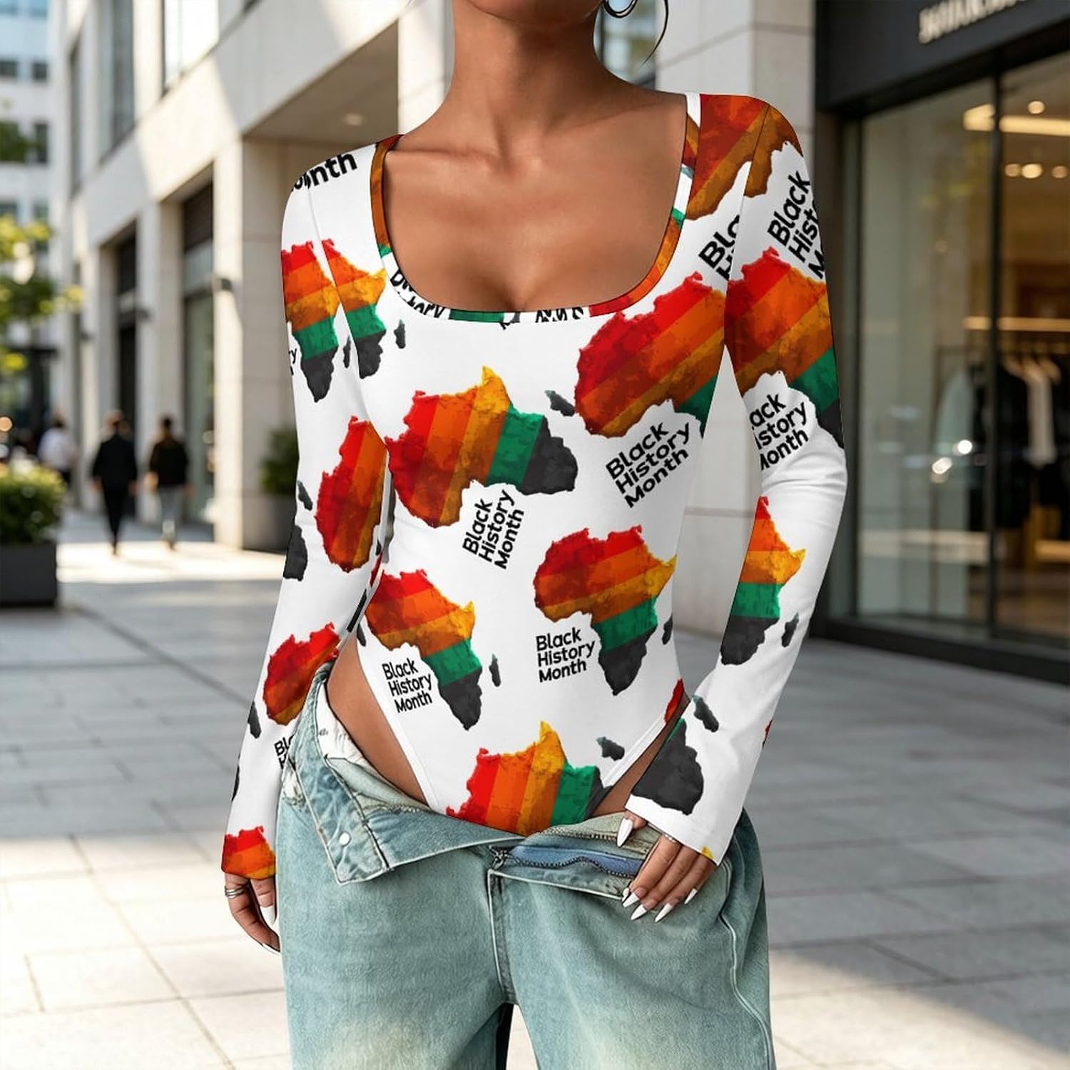 Black History Month African USA Women's Bodysuits Long Sleeve Top 5XL