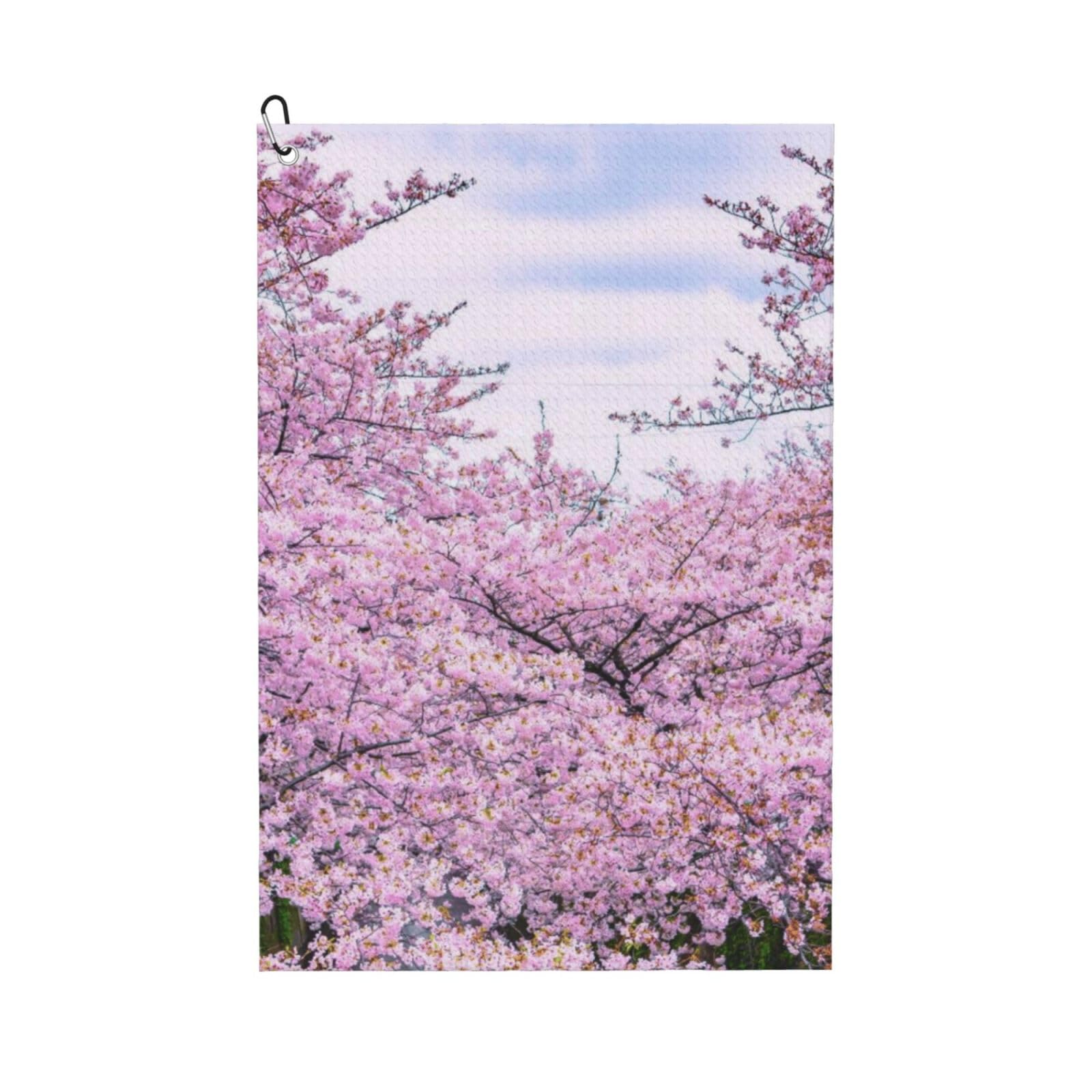 Oudrspo Beautiful Sakura Or Cherry Blossoms Spring Microfiber Golf Towel with Carabiner Clip, 16x24 Inch Absorbent Waffle Weave Towel for Golf Bags
