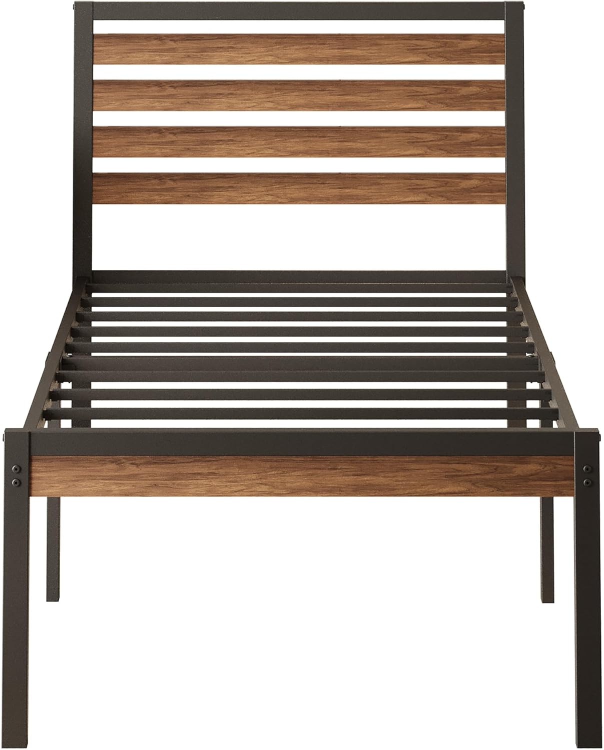 Angle view of the assembled bed frame without mattress.