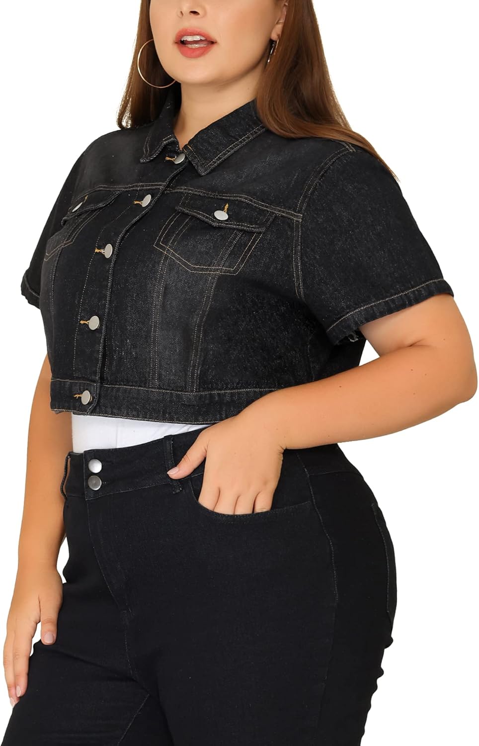 Agnes Orinda Plus Size Denim Jacket for Women Short Sleeves Button Down Cropped Jean Jackets - Image 3