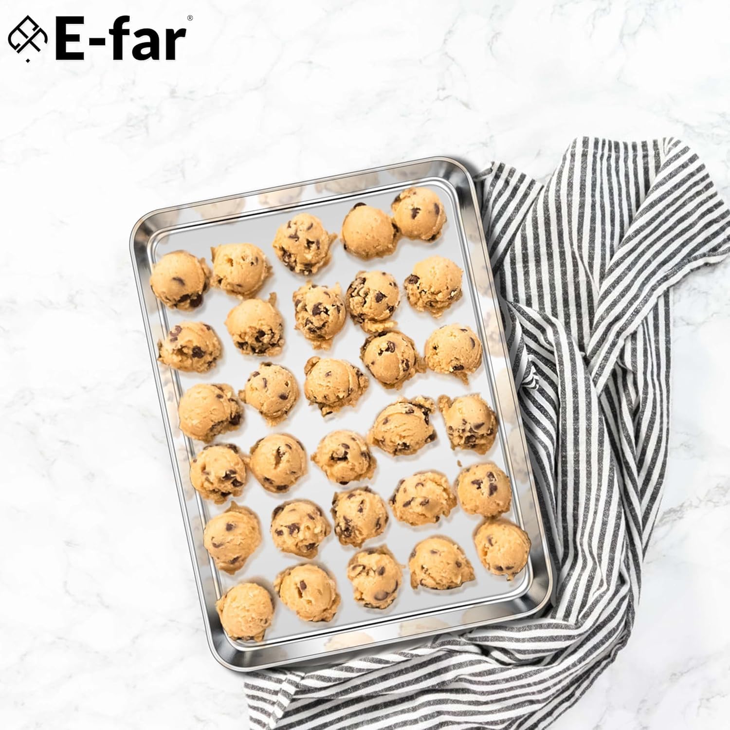 E-far Juego de 3 bandejas de acero inoxidable para hornear de 12.4 pulgadas, 10.5 pulgadas, 9.4 pulgadas para horno, bandeja de metal con borde para cocinar tocino, no tóxica y apta para lavavajillas