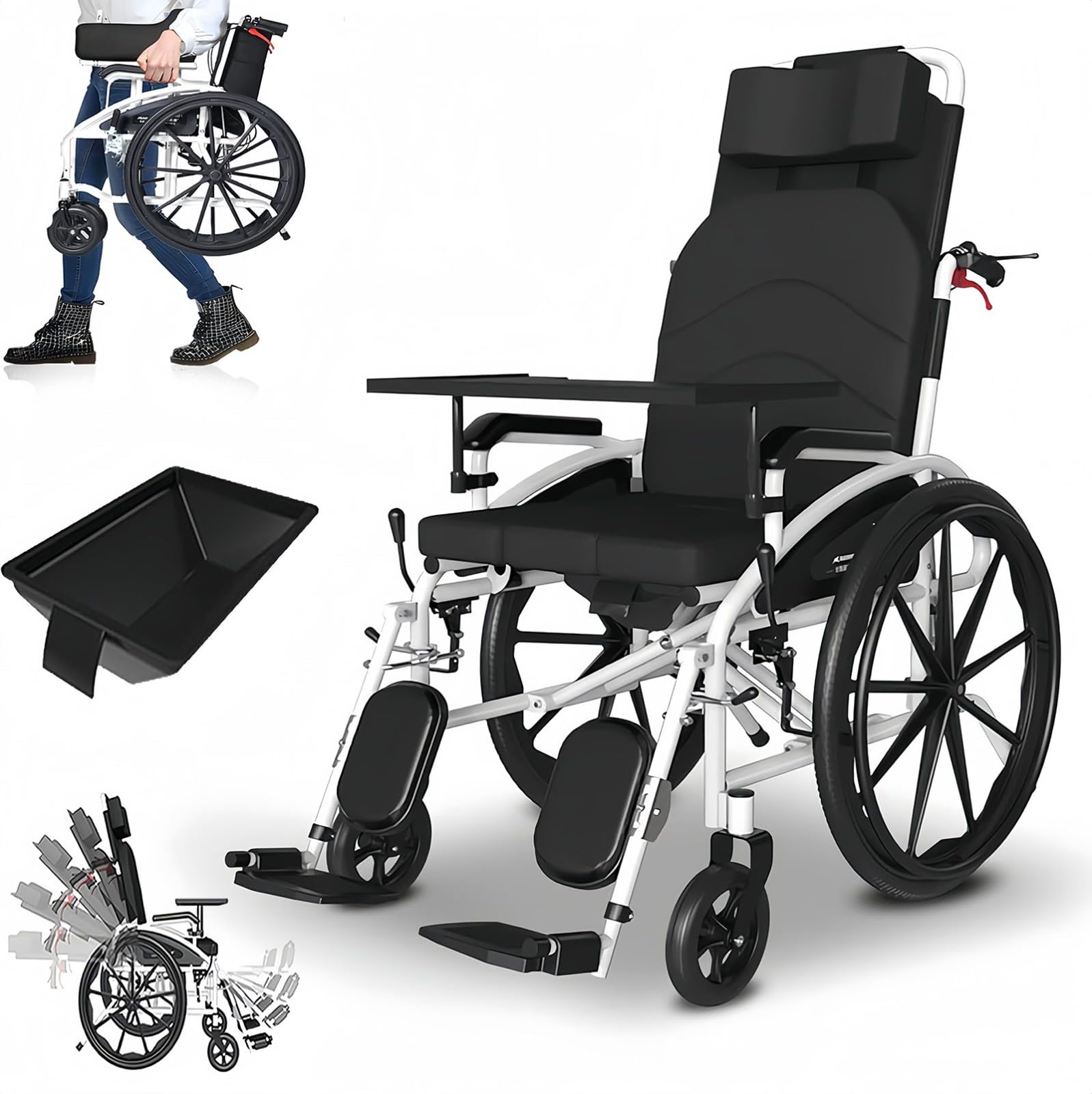 Sedia A Rotelle Pieghevole, Sedia A Rotelle da Trasporto Reclinabile Leggera, Deambulatore, Sedia A Rotelle Stretta per Cure con Funzione Reclinabile con Poggiatesta Rimovibile