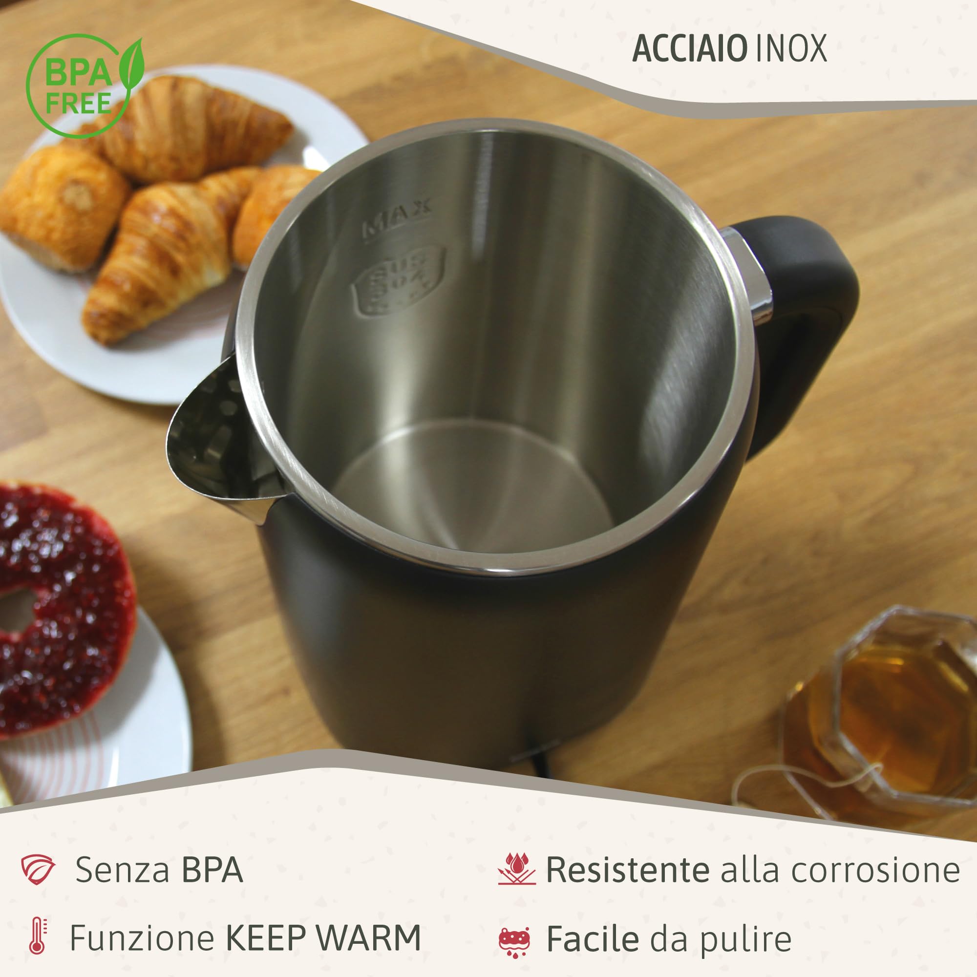 briebe eBoil Bollitore Elettrico 1,7L Display Digitale Temperatura Regolabile 45°C a 100°C Funzione Keep Warm, 1500W, Interno in Acciaio Inox, BPA Free, Base 360°, Controller Strix, Nero