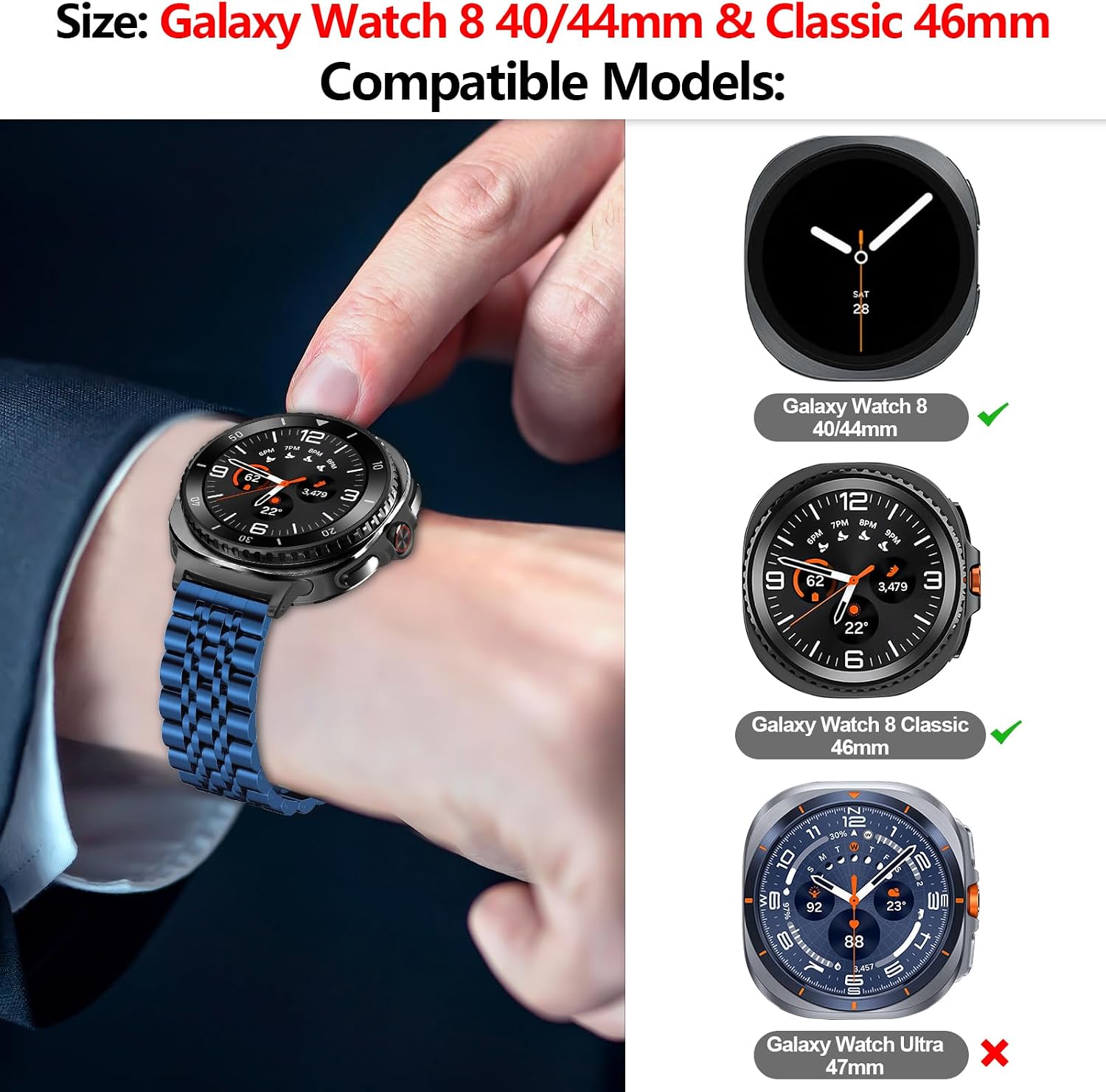 Stainless Steel Watch Band Compatible with Samsung Galaxy Watch 8 7 6 5 4 40mm 44mm/Classic 42mm 46mm 43mm 47mm/5 pro 45mm,No Gap Metal Replacement Band for Galaxy Watch Ultra 47mm Men Women