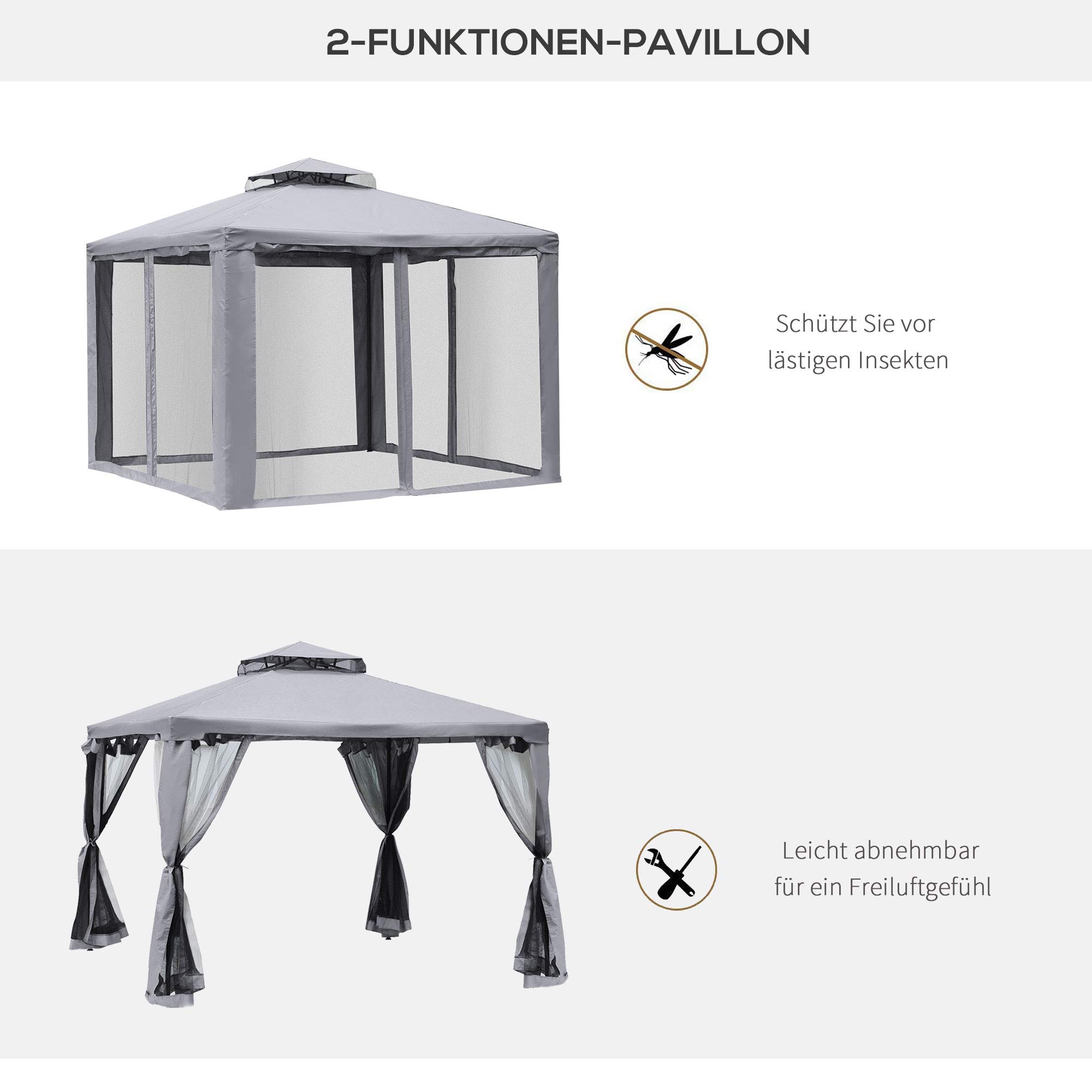 Outsunny Pawilon z podwójnym dachem, ok. 3 x 3 m, wodoszczelny, stabilny, zimowy pawilon ogrodowy z moskitierą, części boczne, pawilon ogrodowy z metalu, do ogrodu, na taras, jasnoszary