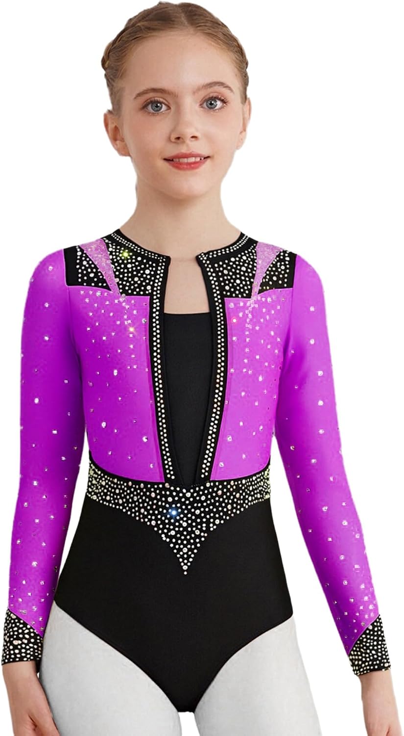Kids Girls Long Sleeve Gymnastics Leotard Sparkle Rhinestones Figure Skating Unitard Color Block Crew Neck Bodysuit