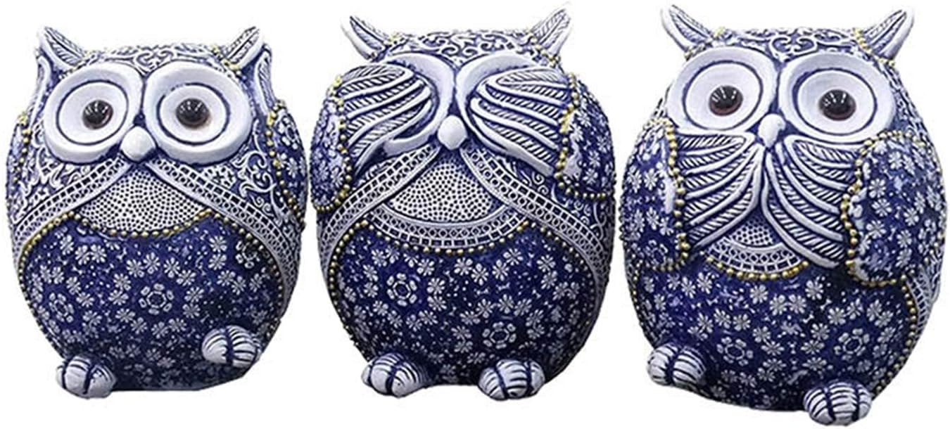 3 Owl Figurines Decor See No Evil Hear No Evil Speak No Evil Cute Owl Statue Crafted Animal Sculpture Ornament for Home Office Tabletop Blue | W4397
